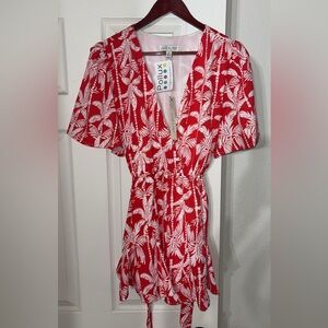 She + Sky Red and White Leaf Print Romper